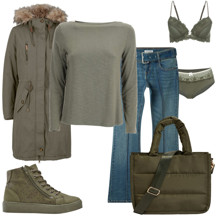 Outfit donna - Verde militare per la giornata. Stile Casual per Tutti i giorni. Abbinamento con sneakers alte, reggiseni, parka, jeans a zampa, shopping bag, maglieria.
