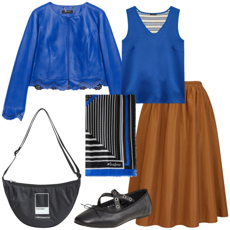 Outfit donna - Total look #1963250. Stile Casual chic per Tutti i giorni. Abbinamento con ballerine, marsupi, blazer, top, gonne lunghe, foulard.