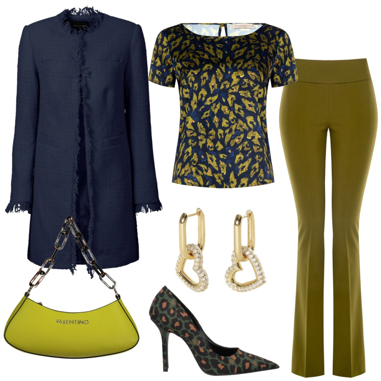 Outfit donna - Blusa e décolleté animalier: perfetto!. Stile Casual chic per Tutti i giorni. Abbinamento con blazer, décolleté, orecchini, pantaloni, bluse, borse a spalla.