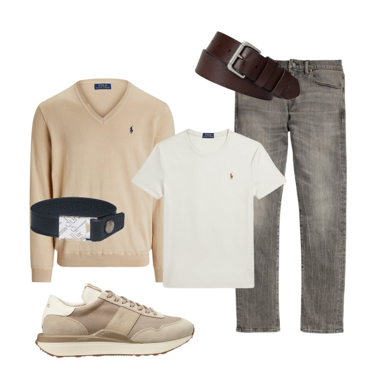 Outfit uomo - Casual per tutti i giorni. Stile Casual per Ufficio. Abbinamento con braccialetti, cinture, jeans, sneakers, t-shirt, maglieria.