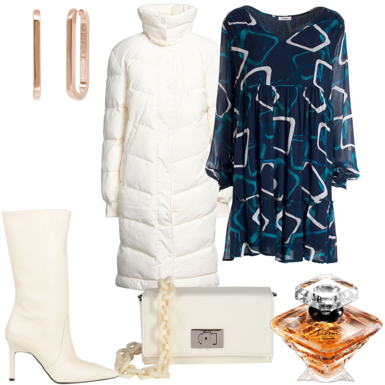 Outfit donna - Vestito fantasia per la giornata. Stile Trendy per Tutti i giorni. Abbinamento con piumini, stivali, borse a spalla, profumi, orecchini, vestiti.