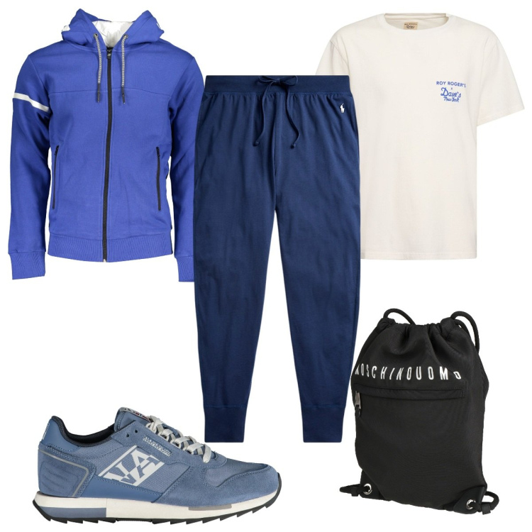 Outfit uomo - Total look #1963344. Stile Trendy per Sport. Abbinamento con borse sportive, pantaloni, felpe con cappuccio, sneakers, t-shirt.