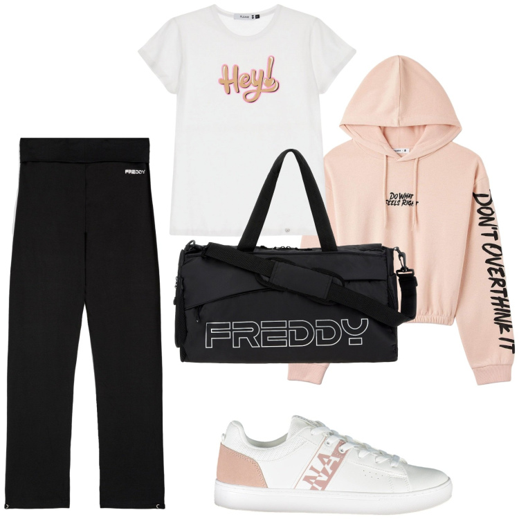 Outfit donna - Hey, palestra!. Stile Casual per Sport. Abbinamento con felpe con cappuccio, t-shirt, borse sportive, pantaloni sportivi, scarpe sportive.