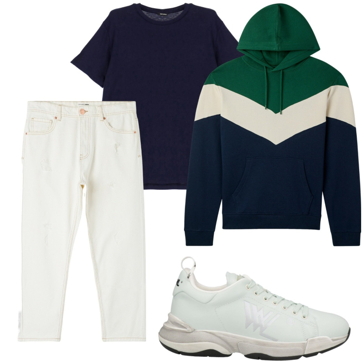 Outfit uomo - Total look #1963360. Stile Urban per Tutti i giorni. Abbinamento con sneakers, jeans strappati, felpe con cappuccio, t-shirt.