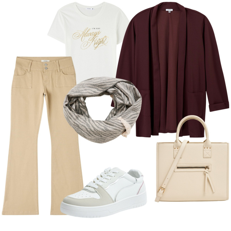 Outfit donna - Direzione autunno. Stile Basic per Tutti i giorni. Abbinamento con t-shirt, blazer, pantaloni, sneakers, sciarpe, shopping bag.