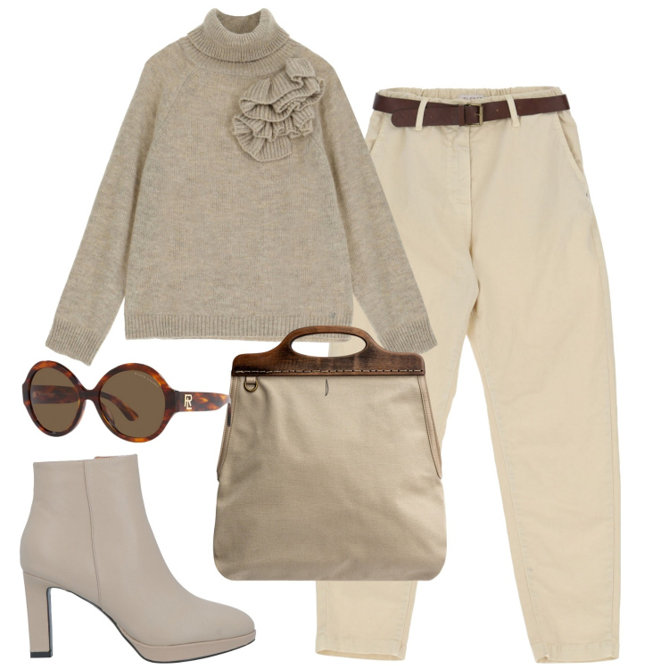Outfit donna - City. Stile Casual chic per Tutti i giorni. Abbinamento con stivaletti, maglieria, pantaloni, occhiali da sole, borse a tracolla.