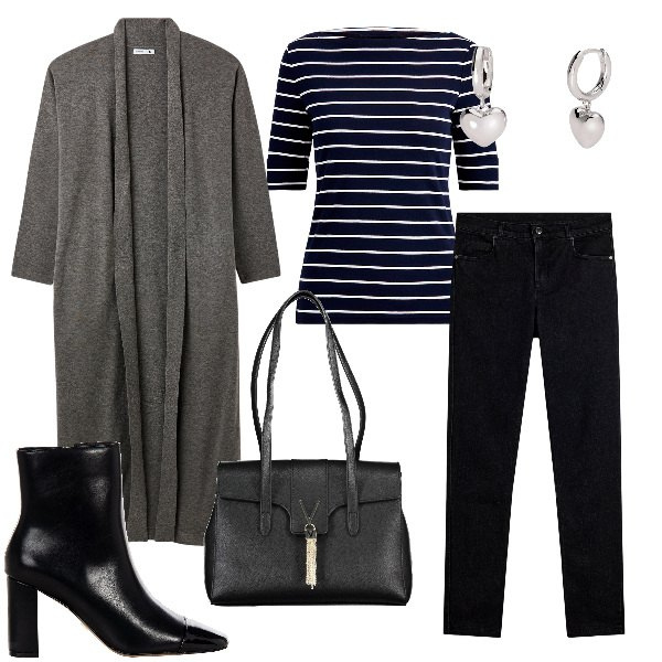 Outfit donna - l\'outfit di oggi. Stile Casual chic per Ufficio. Abbinamento con cardigans, orecchini, stivaletti, jeans skinny, maglieria, borse a spalla.
