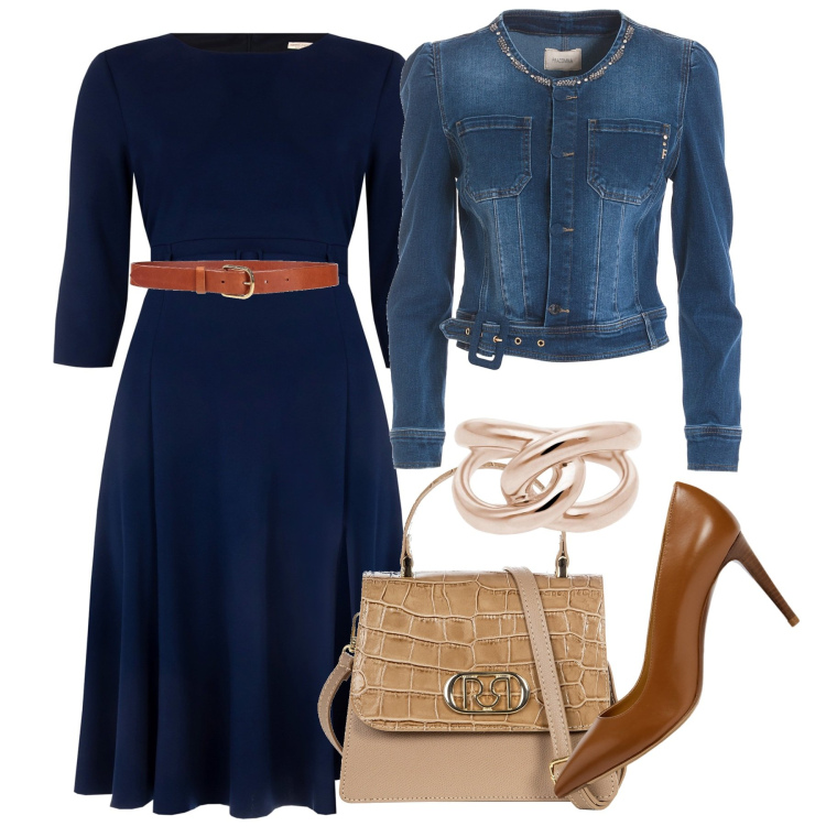 Outfit donna - Denim versione chic. Stile Chic per Tutti i giorni. Abbinamento con cinture, anelli, vestiti midi/longuette, borse a mano, blazer, décolleté.