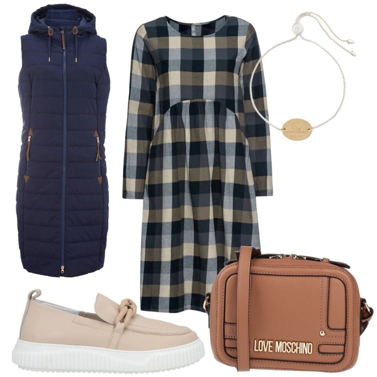 Outfit donna - Total look #1963412. Stile Trendy per Tutti i giorni. Abbinamento con gilet, vestiti, borse a tracolla, mocassini, braccialetti con ciondoli.