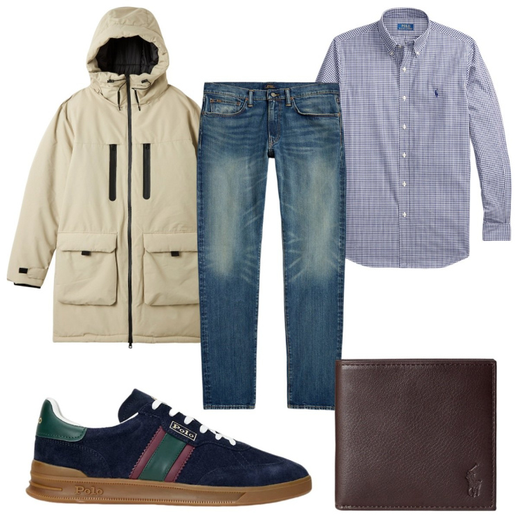 Outfit uomo - Total look #1963419. Stile Casual per Tutti i giorni. Abbinamento con parka, portafogli, jeans, camicie, sneakers.