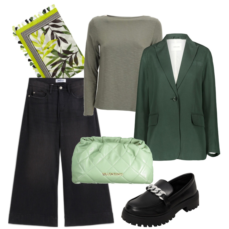 Outfit donna - Semplicemente. Stile Bon Ton per Ufficio. Abbinamento con jeans boyfriend, mocassini, maglieria, blazer, foulard, borse a spalla.
