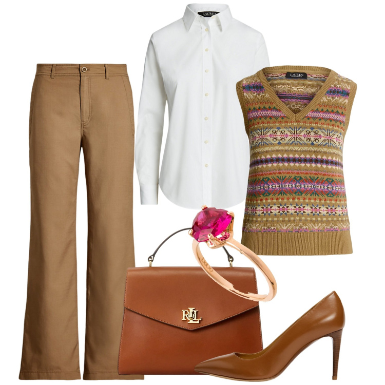 Outfit donna - Un classico in gilet. Stile Bon Ton per Ufficio. Abbinamento con camicie, borse a mano, maglieria, décolleté, pantaloni, anelli.