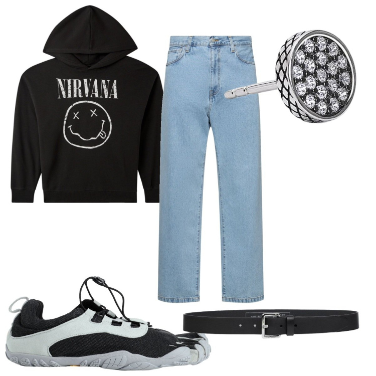 Outfit uomo - Total look #1963433. Stile Urban per Tutti i giorni. Abbinamento con sneakers, cinture, orecchini, felpe con cappuccio, jeans.