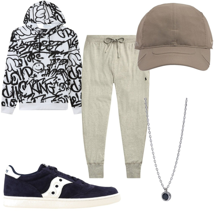 Outfit uomo - Total look #1963439. Stile Urban per Tutti i giorni. Abbinamento con sneakers, felpe con cappuccio, collane, pantaloni, cappelli.