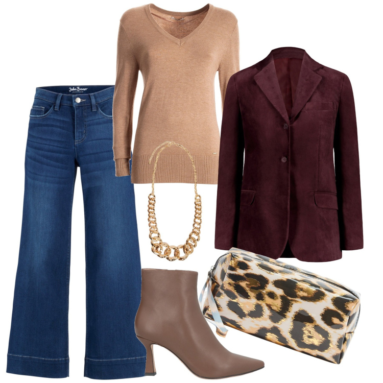 Outfit donna - I jeans con tutto. Stile Bon Ton per Tutti i giorni. Abbinamento con jeans a zampa, stivaletti, valigie, maglieria, blazer, collane.