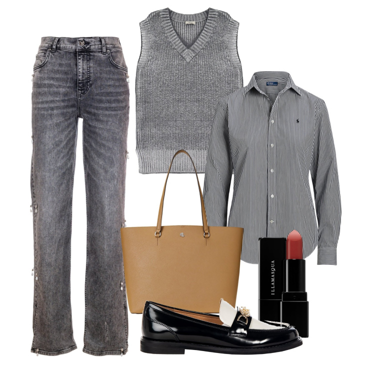 Outfit donna - In grigio casual. Stile Casual chic per Tutti i giorni. Abbinamento con rossetti, mocassini, jeans dritti, camicie, borse tote, maglieria.