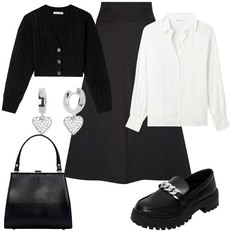 Outfit donna - Casual chic curvy style. Stile Casual chic per Ufficio. Abbinamento con gonne, clutch, cardigans, camicie, mocassini, orecchini.