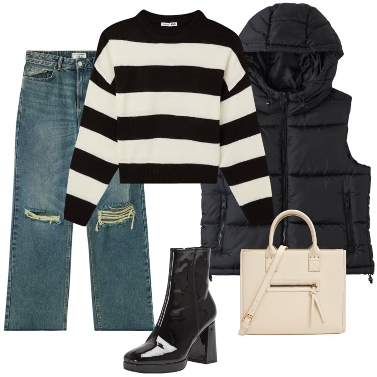 Outfit donna - Pull a righe. Stile Sporty chic per Tutti i giorni. Abbinamento con shopping bag, jeans strappati, maglieria, piumini, stivaletti.