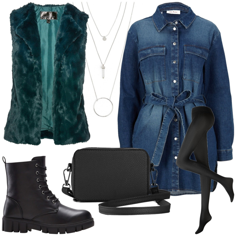 Outfit donna - Abito in denim Bonprix. Stile Casual chic per Scuola/Università. Abbinamento con collant, stivaletti, borse a tracolla, ciondoli, gilet, vestiti.