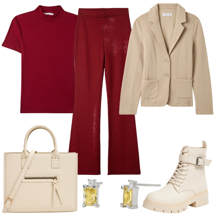 Outfit donna - Terranova autunno. Stile Casual per Ufficio. Abbinamento con pantaloni, blazer, t-shirt, anfibi, shopping bag, orecchini.