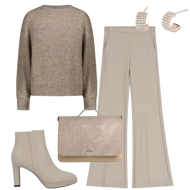 Outfit donna - Ufficio. Stile Casual chic per Ufficio. Abbinamento con stivaletti, borse a mano, pantaloni, orecchini, maglieria.