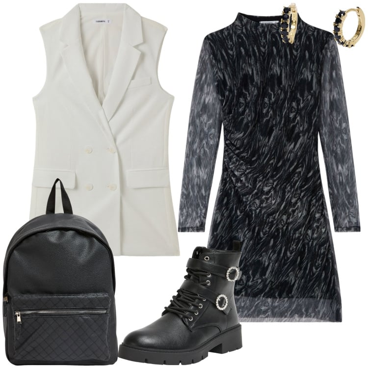 Outfit donna - Black nights. Stile Trendy per Serata fuori. Abbinamento con vestiti, gilet, anfibi, zaini, orecchini.