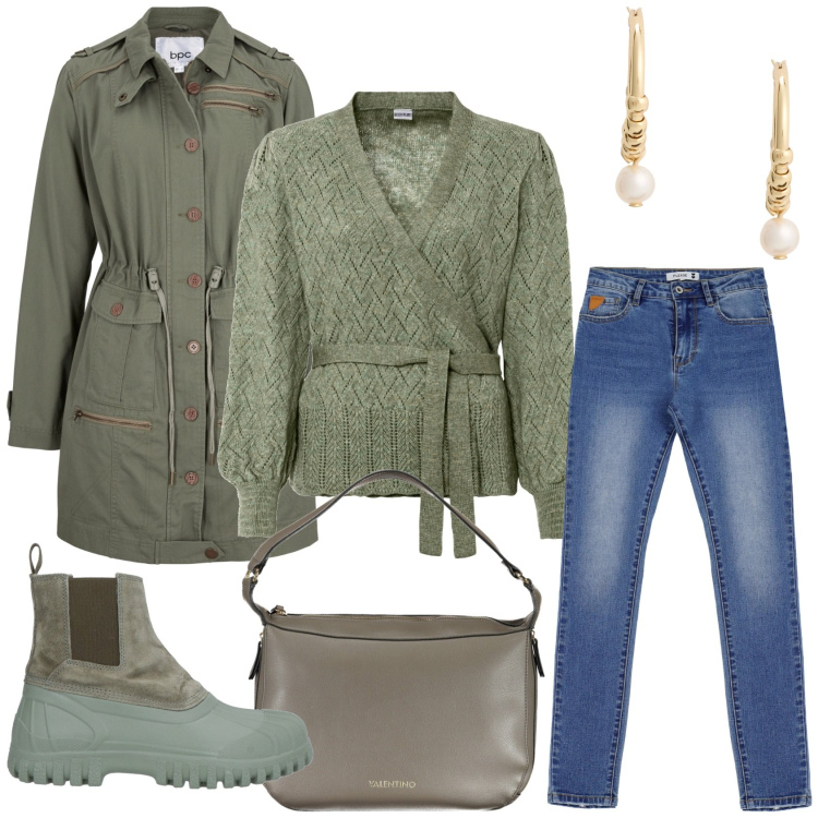 Outfit donna - Giornata di pioggia. Stile Casual per Tutti i giorni. Abbinamento con maglieria, parka, stivaletti, jeans skinny, orecchini, borse a spalla.