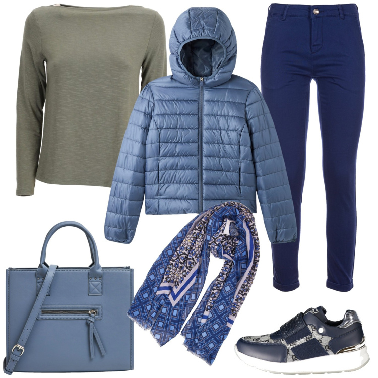 Outfit donna - Mai senza sneakers. Stile Basic per Tutti i giorni. Abbinamento con blazer, shopping bag, pantaloni, sneakers, maglieria, foulard.