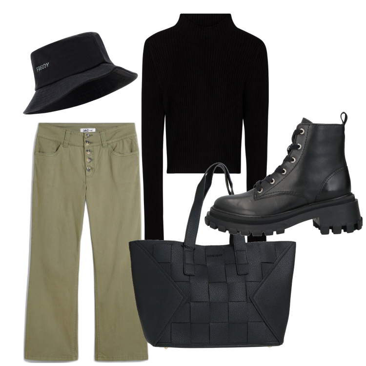 Outfit donna - Venerdì spesa. Stile Casual per Tutti i giorni. Abbinamento con borse a mano, anfibi, jeans dritti, maglieria, cappelli.