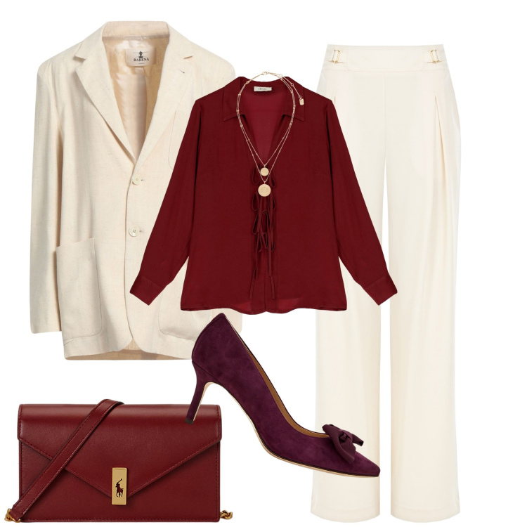 Outfit donna - Autunno chic. Stile Chic per Tutti i giorni. Abbinamento con blazer, pantaloni a palazzo, camicie, ciondoli, clutch, décolleté.