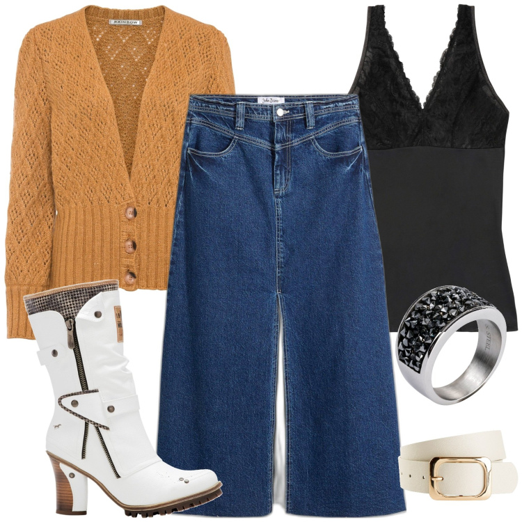 Outfit donna - Gonna in denim. Stile Casual chic per Ufficio. Abbinamento con top, cinture, gonne lunghe, cardigans, stivali, anelli.