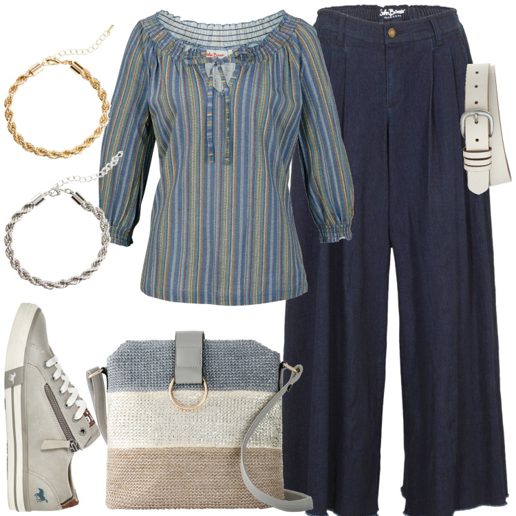 Outfit donna - Gonna pantalone in denim. Stile Casual per Scuola/Università. Abbinamento con gonne, maglieria, cinture, borse a tracolla, sneakers, braccialetti.