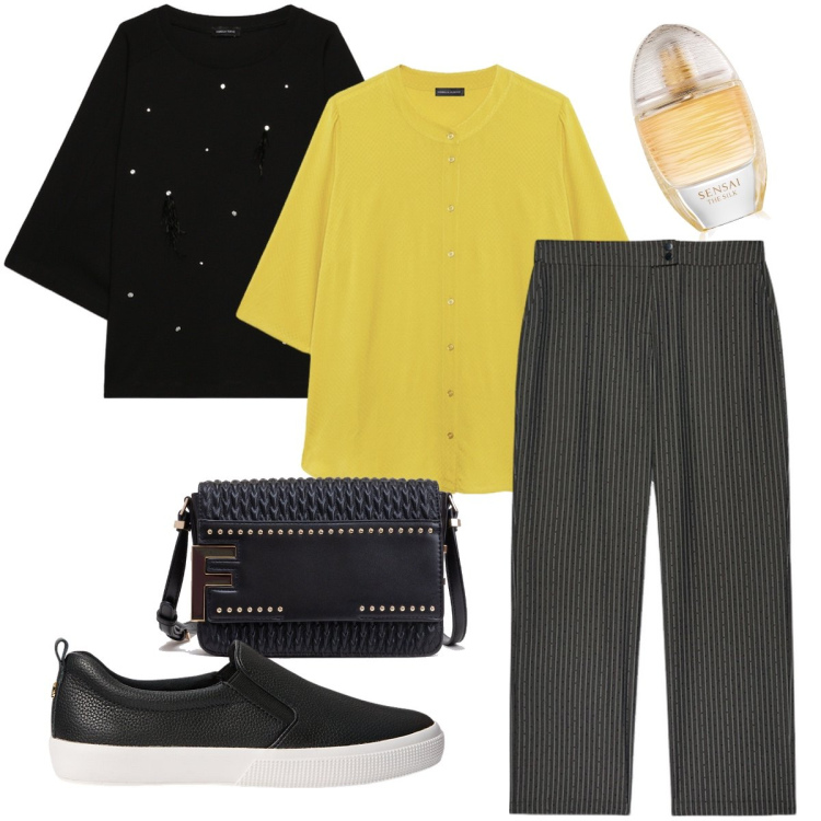 Outfit donna - La camicia verde acido. Stile Casual chic per Ufficio. Abbinamento con profumi, borse a tracolla, sneakers, felpe, camicie, pantaloni.