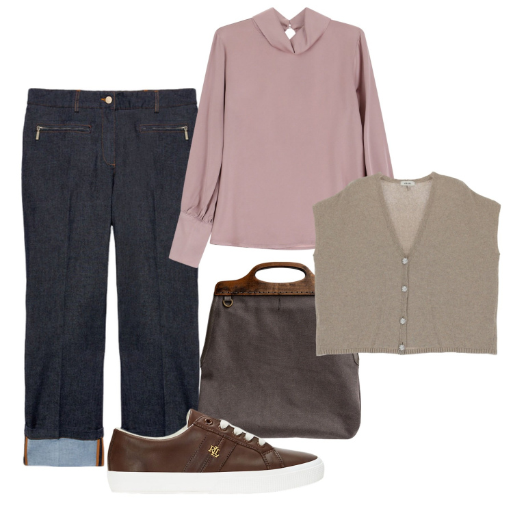 Outfit donna - Tenue. Stile Casual chic per Tutti i giorni. Abbinamento con camicie, gilet, sneakers, borse a tracolla, jeans dritti.