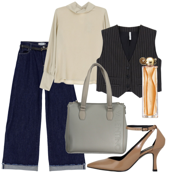 Outfit donna - Gessato sui jeans. Stile Casual chic per Tutti i giorni. Abbinamento con profumi, jeans, gilet, camicie, décolleté, borse a spalla.