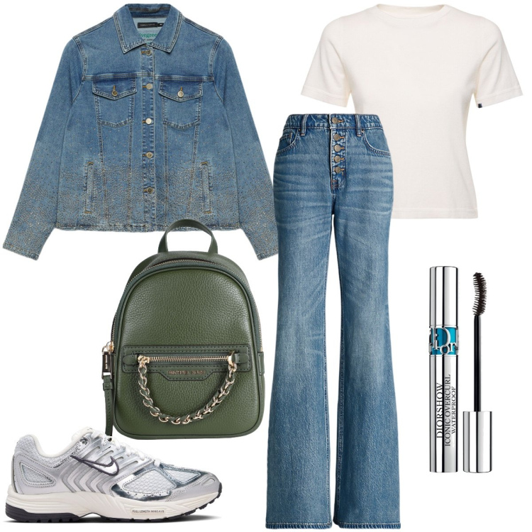 Outfit donna - Denim style. Stile Casual per Tutti i giorni. Abbinamento con zaini, mascara, jeans, t-shirt, blazer, sneakers.