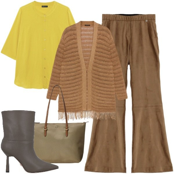 Outfit donna - Pantalone in suede. Stile Urban per Ufficio. Abbinamento con stivaletti, pantaloni, borse tote, cardigans, camicie.