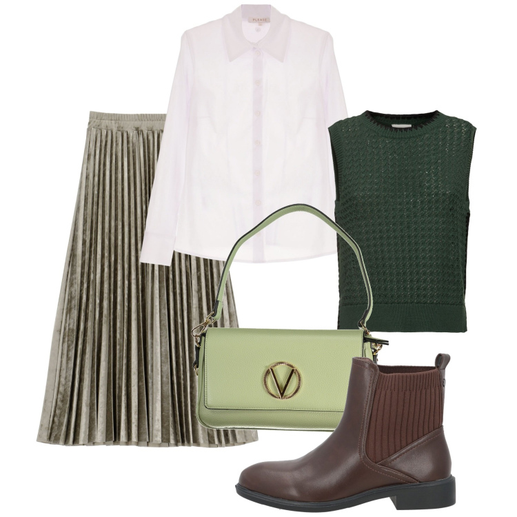Outfit donna - Pomeriggio in autunno. Stile Bon Ton per Tutti i giorni. Abbinamento con stivaletti chelsea, camicie, gonne longuette, maglieria, borse a spalla.