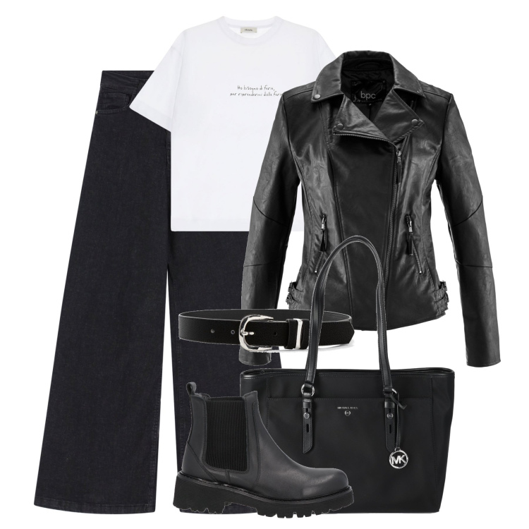 Outfit donna - Essenziale. Stile Rock per Tutti i giorni. Abbinamento con blazer, cinture, stivaletti chelsea, borse a spalla, jeans, t-shirt.