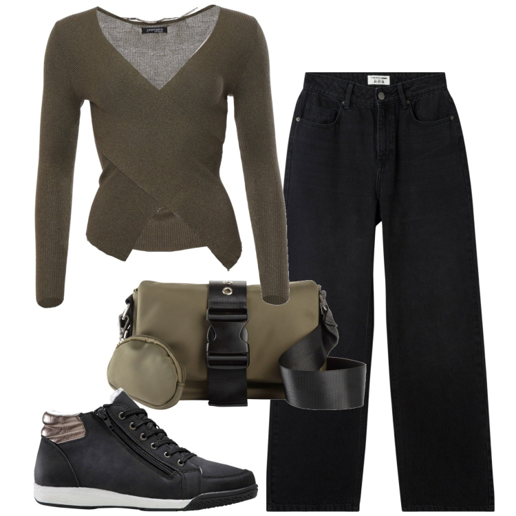 Outfit donna - Total look #1963764. Stile Urban per Tutti i giorni. Abbinamento con sneakers alte, borse a tracolla, jeans, maglieria.
