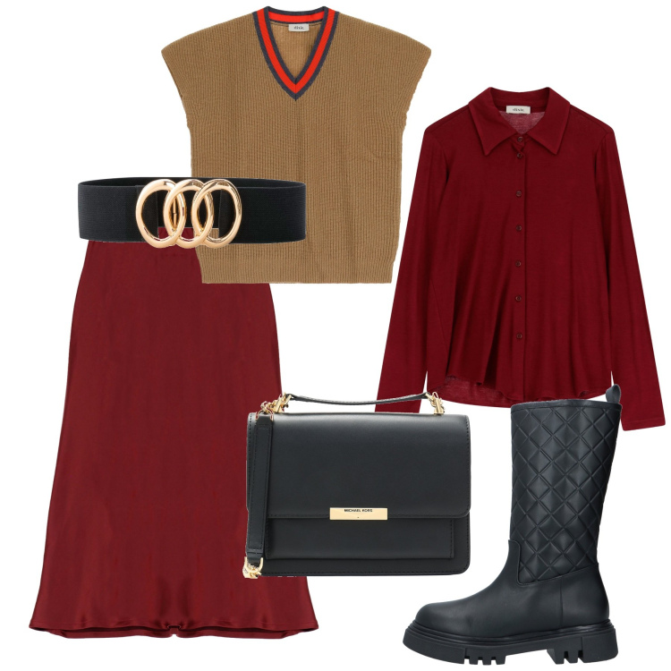 Outfit donna - Colori caldi. Stile Casual chic per Tutti i giorni. Abbinamento con cinture, stivali, borse a spalla, gonne, camicie, maglieria.