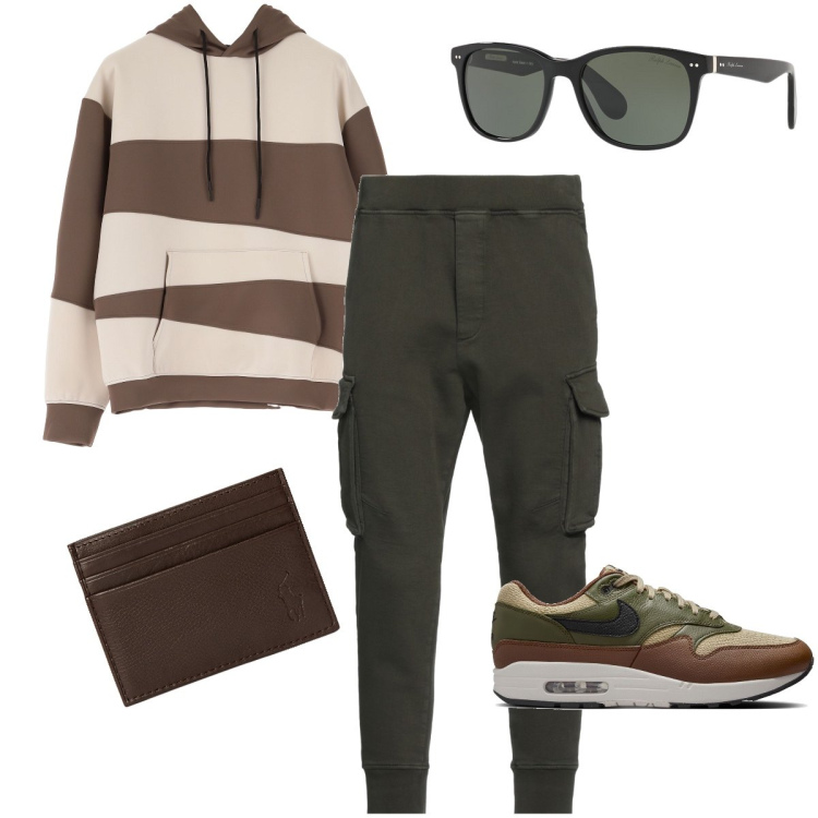 Outfit uomo - Abbinamento tra il verde ed il marrone. Stile Trendy per Tutti i giorni. Abbinamento con pantaloni, felpe con cappuccio, portafogli, occhiali da sole, sneakers.
