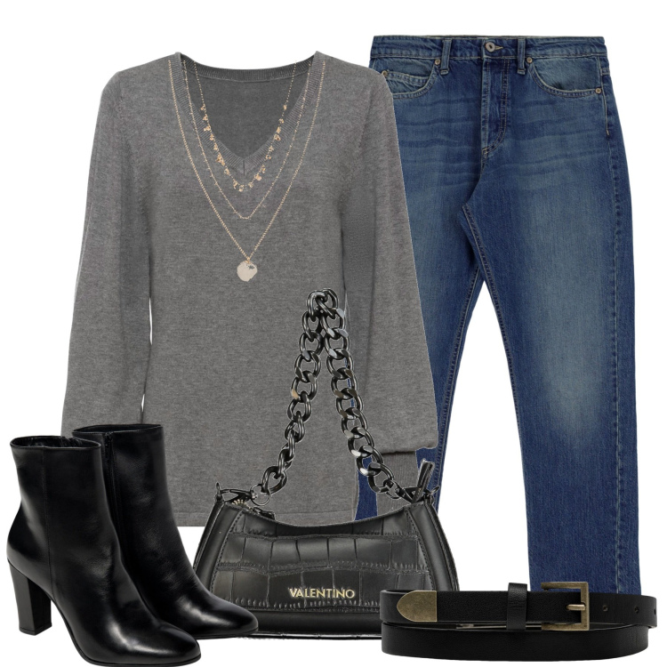 Outfit donna - City. Stile Casual chic per Tutti i giorni. Abbinamento con collane, maglieria, jeans slim fit, cinture, borse a spalla, stivaletti.