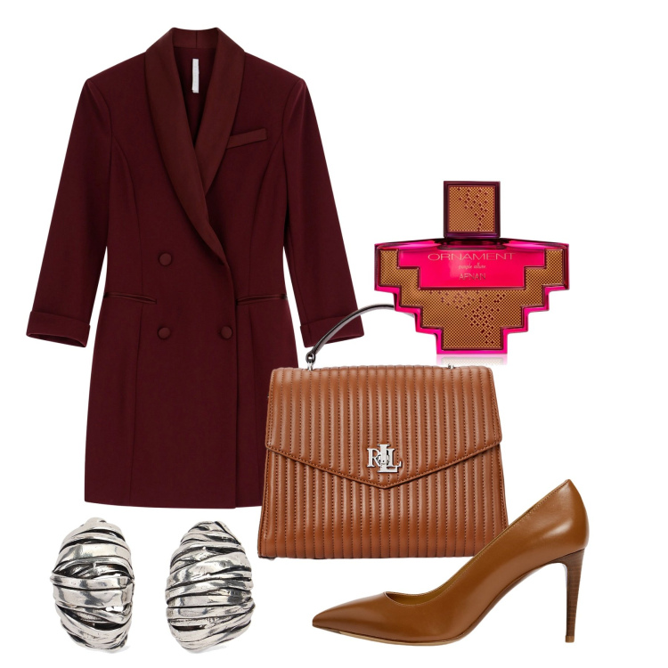 Outfit donna - Riunione di direzione. Stile Bon Ton per Ufficio. Abbinamento con profumi, vestiti corti, décolleté, borse a mano, orecchini.