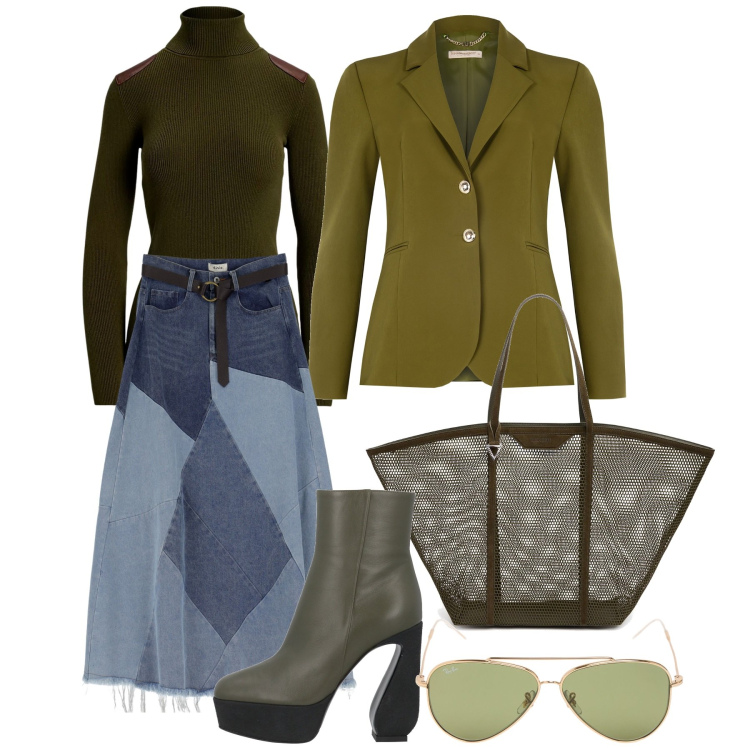 Outfit donna - Olive harvest. Stile Urban per Tutti i giorni. Abbinamento con stivaletti, blazer, gonne longuette, maglieria, shopping bag, occhiali da sole.