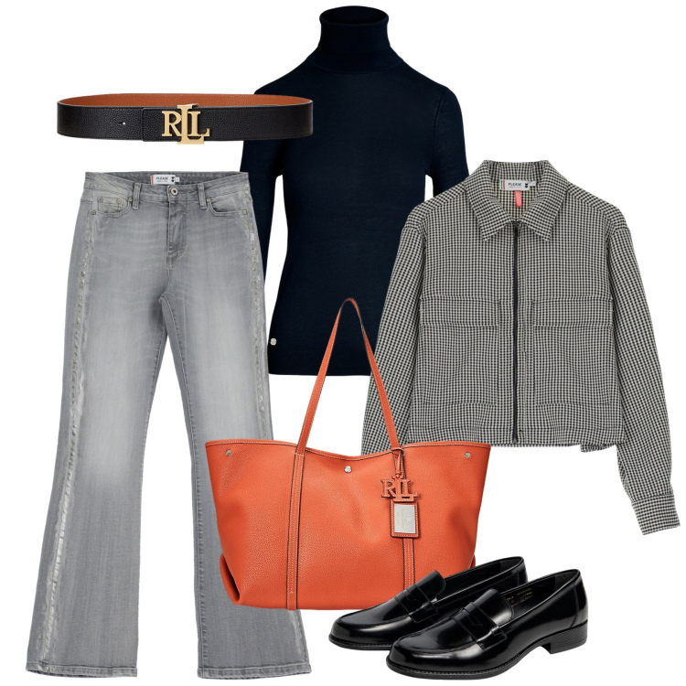 Outfit donna - La borsa sgargiante. Stile Bon Ton per Tutti i giorni. Abbinamento con jeans a zampa, blazer, maglieria, cinture, borse tote, mocassini.