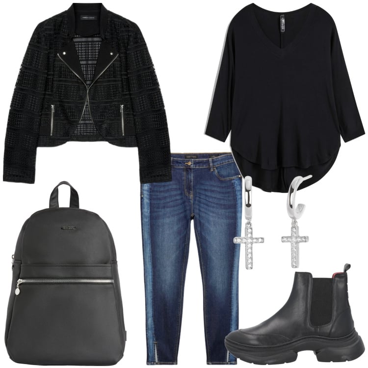 Outfit donna - Autunno rock. Stile Rock per Tutti i giorni. Abbinamento con maglieria, stivaletti, orecchini, zaini, blazer, jeans slim fit.