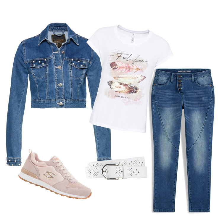 Outfit donna - Denim forever. Stile Casual chic per Tutti i giorni. Abbinamento con jeans boyfriend, t-shirt, sneakers, cinture, blazer.