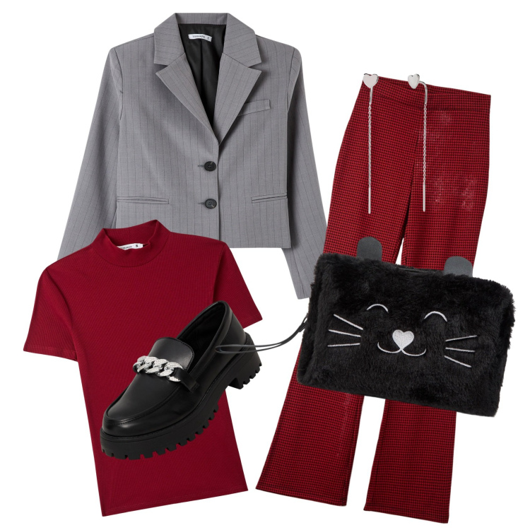 Outfit donna - Rosso e grigio. Stile Bon Ton per Tutti i giorni. Abbinamento con pantaloni, t-shirt, valigie, blazer, mocassini, orecchini.