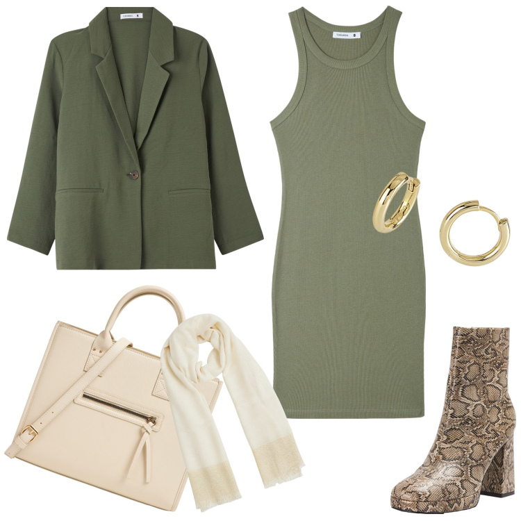 Outfit donna - Colori della natura. Stile Glamour per Tutti i giorni. Abbinamento con blazer, vestiti lunghi, stivaletti, sciarpe, shopping bag, orecchini.